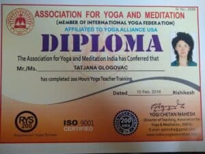 Tatjana Glogovac, Diploma, Association for Yoga and Mediation, Affiliated to Yoga Alliance USA, ISO 9001 certificed, Yoga Chetan Mahesh