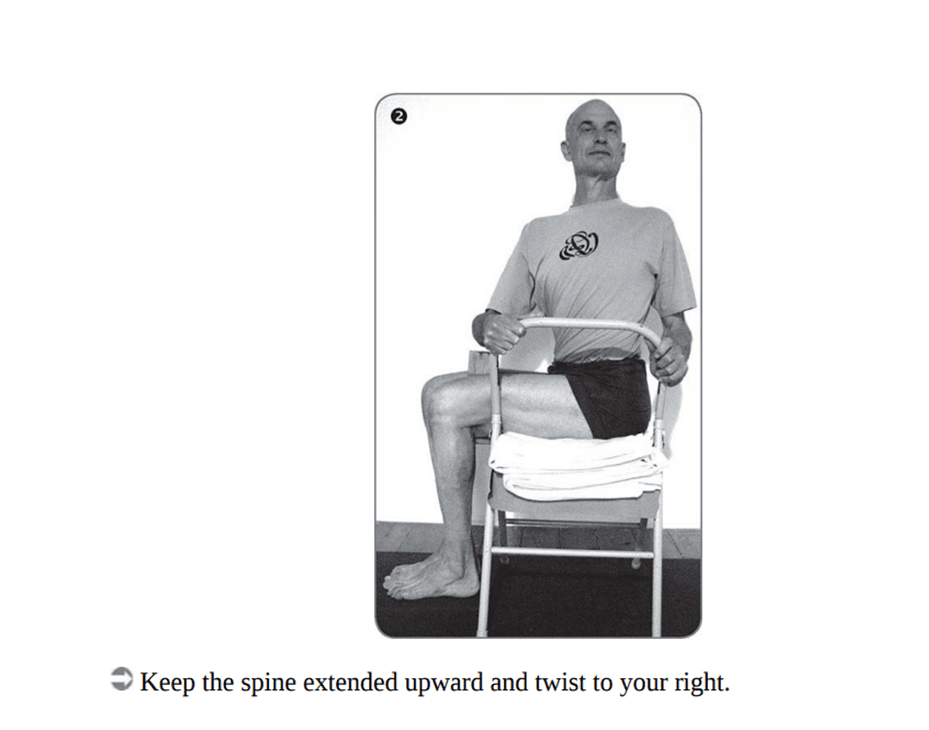 SPINAL TWIST; P.C- A CHAIR FOR YOGA BY EYAL SHIFRONI; PAGE 123, BASED ON THE PRINCIPLES OF CHAIR YOGA BY B.K.S IYENGAR