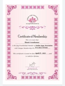 Shanti Arunkumar, Certificate of Membership, Indian Yoga Association
