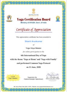 Shanti Arunkumar, Certificate of Appreciation, Yoga Certiciation Board, Ministry of Ayush, Govt. of India